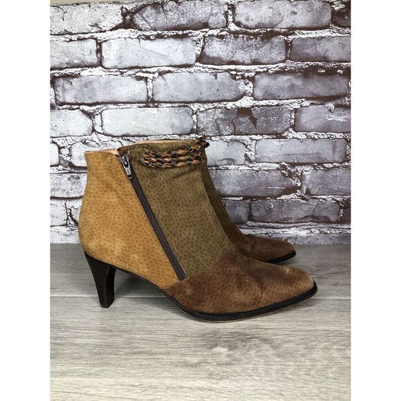 CHIARINI Tan Brown Green Suede Leather Double Sided Zipper Heel Booties Women 40 - Picture 1 of 16